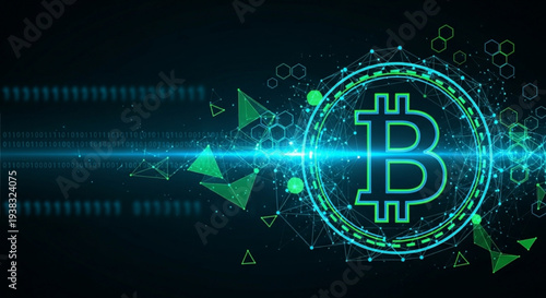 Glowing blue bitcoin symbol with green neon shapes and lines on dark background representing cryptocurrency and digital finance concepts
