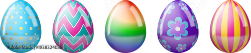 seto of isolated easter eggs. glossy and colorful easter eggs with different patterns