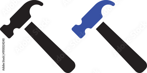 Hammer Icon Duo: A set of two hammer icons, one in black and one in blue, perfect for representing construction, repair, or building concepts. 
