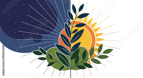 Day and Night Nature Scene with Leaves and Sun