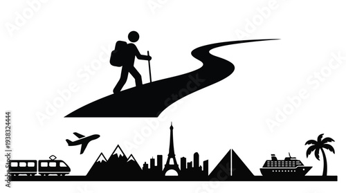 Adventure and world travel icons on white background