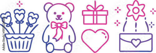 A collection of line art icons depicting gifts flowers a teddy bear and love high quality