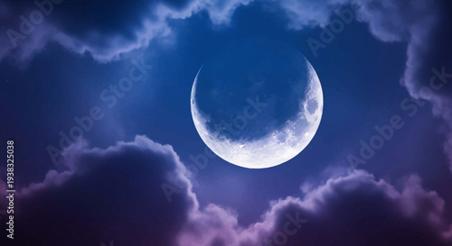 Crescent Moon in Cloudy Night Sky