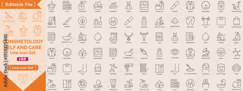 Cosmetology and self-care line icons collection. Skin care, fitness, beauty icons. UI icon set. Thin outline icons pack. Vector illustration