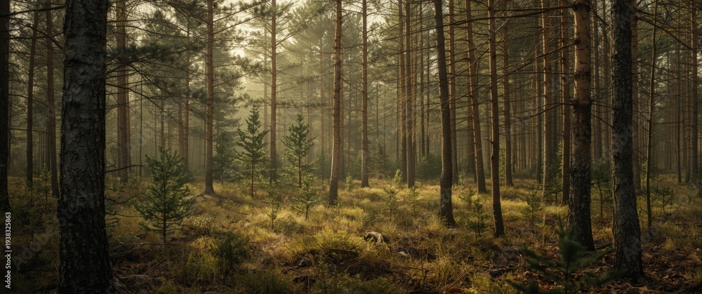 Fototapeta premium Early spring forest with young conifer trees and soft light