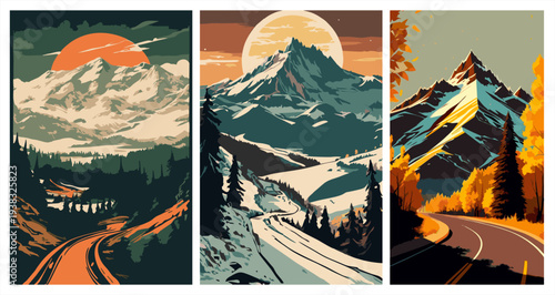 Mountain landscape triptych with seasonal views, road trip and nature vector art.