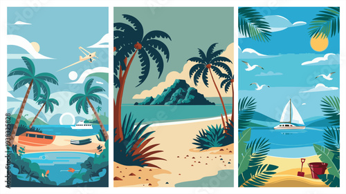 Tropical beach vacation triptych with sailboat, palm trees, and summer activities, vector art.