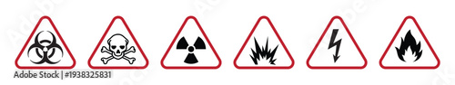 Hazard Warning Icons Set – Biohazard, Toxic, Radiation, Explosion, Electric Shock and Flammable Symbols in Red Triangle Safety Signs