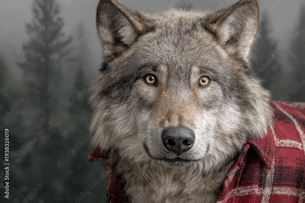 Fototapeta premium A portrait of a grey wolf in a lumberjack shirt, captured with a forest background creating a rustic and somewhat humorous image of a wild animal.