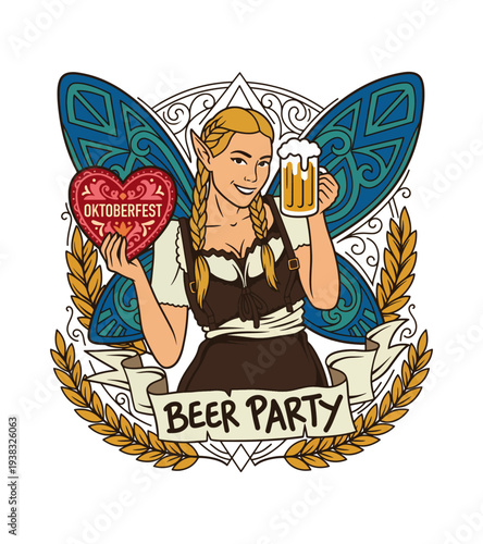 Oktoberfest girl t-shirt design with beer and heart shaped sign surrounded by decorative elements isolated on transparent background for festive celebrations T-shirt Design