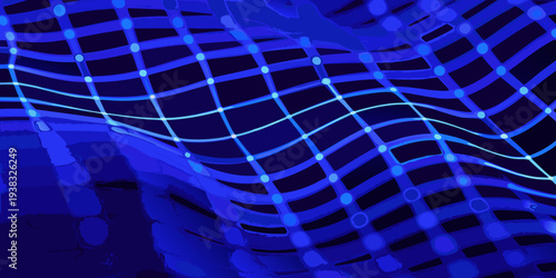 Abstract blue network with glowing nodes and wave like distortions