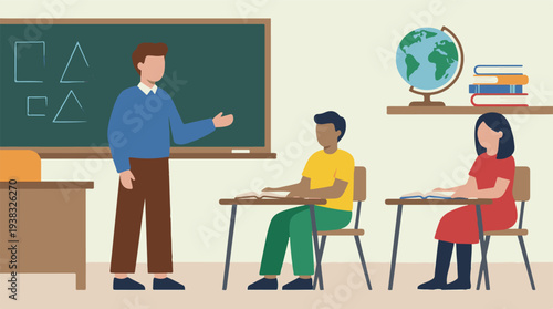 Teacher and students learning in a classroom with blackboard and geometric shapes