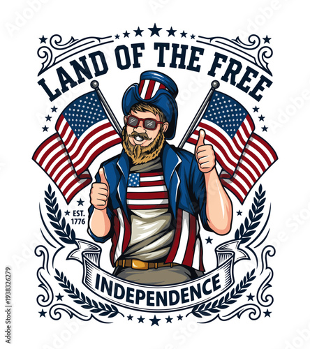 Patriotic man t-shirt design holding american flags and giving thumbs up with decorative elements and text land of the free independence T-shirt Design