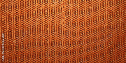 Close up of an orange perforated metal surface with a repeating pattern