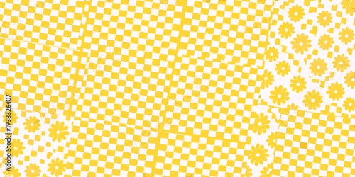 Abstract yellow and white checkered pattern with scattered floral elements