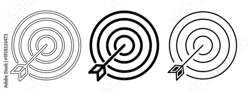 Target and Arrow Icon Set: Outline, Solid Black, and Shadowed