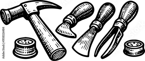 Vintage Engraving Carpenter Hand Tools Hammer Chisel Pliers Mallet Illustration