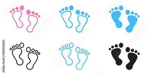 Colorful and monochrome baby footprints arranged in rows on white
