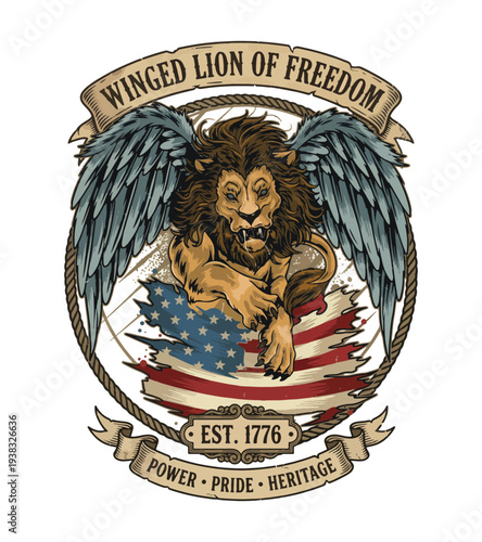 Vintagestyle  lion t-shirt design with american flag symbolizing power and freedom in a classic design T-shirt Design