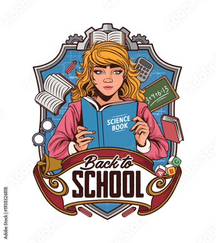 Young female teacher holding science book  t-shirt design surrounded by educational elements in a vintagestyle crest design  T-shirt Design