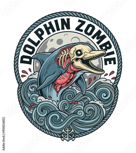 Zombie dolphin t-shirt design  jumping out of water with skull head and waves in a circular frame with rope border and anchor at the bottom T-shirt Design