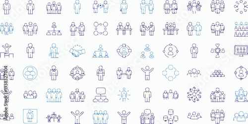 Collection of diverse line icons depicting people teams and interactions