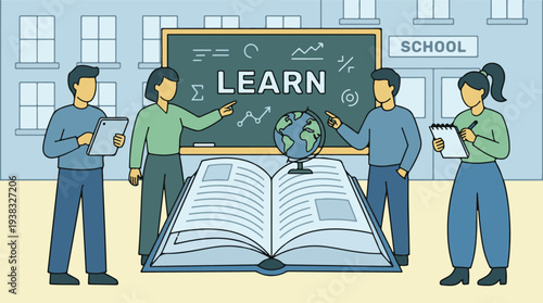 Students Learning Together in School with Books, Globe and Blackboard