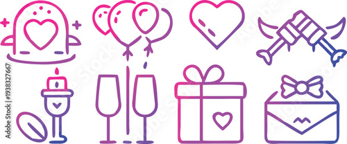A collection of purple line art icons representing love gifts and celebratory occasions high quality professional