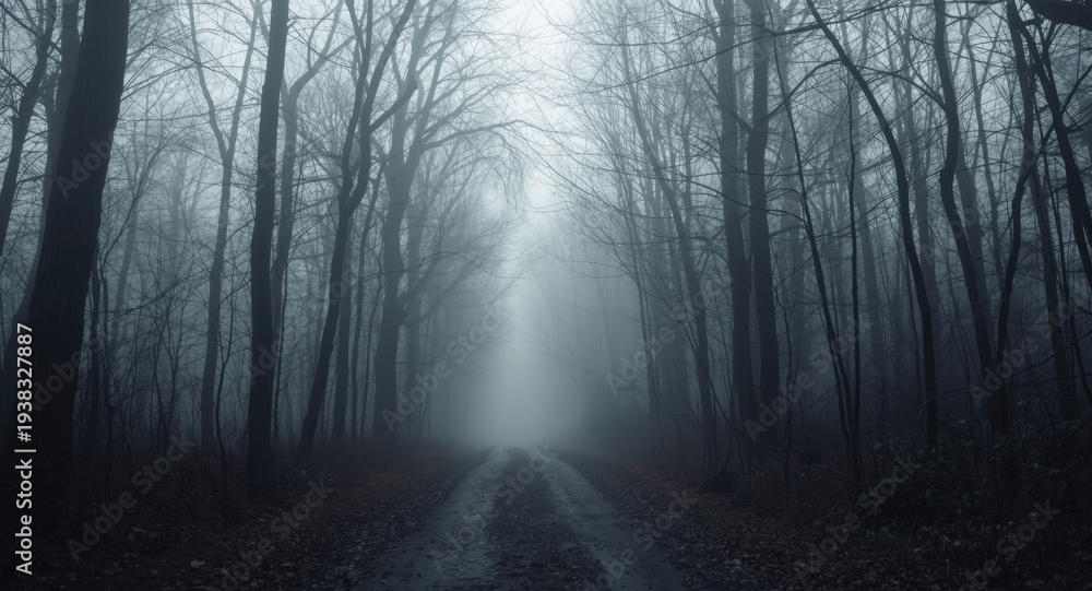 Fototapeta premium Dark woodland path covered in fog with eerie trees and Halloween vibes