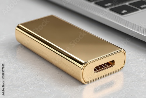 A close-up studio shot of a USB-C adapter with golden body and laptop on white table showcasing technology, modern design, and connectivity for digital devices and accessories.