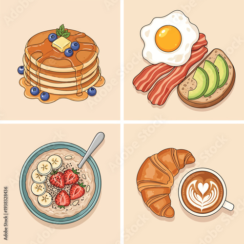 Breakfast Food Illustrations Pancakes Eggs Avocado Toast Oatmeal Croissant Coffee