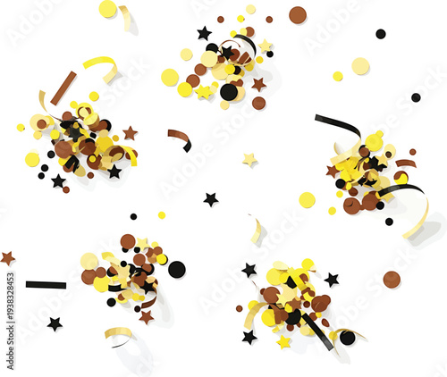 Confetti Explosion with Yellow, Brown, and Black Stars and Ribbons on White Background