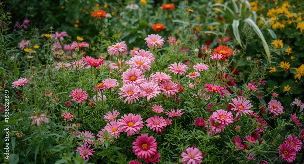 Fototapeta premium Colorful summer garden full of vibrant pink flowers and lush greenery background
