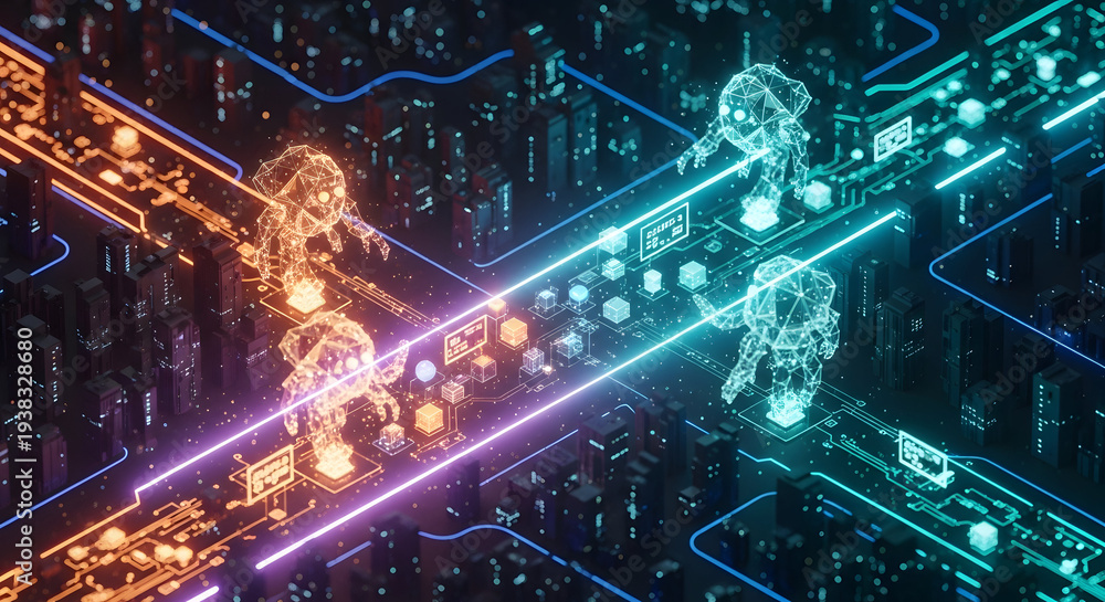 Fototapeta premium Futuristic digital network with glowing humanoid robots and neon lights