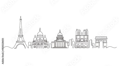 Minimalist continuous line drawing of the Paris skyline featuring Eiffel Tower Sacre Coeur Pantheon and Notre Dame, concept for travel poster design, architectural illustration and souvenir graphics