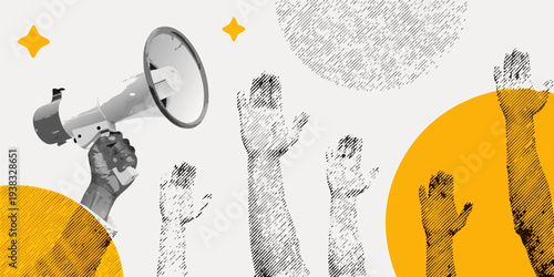 A megaphone broadcasts to a crowd with abstract shapes and colors