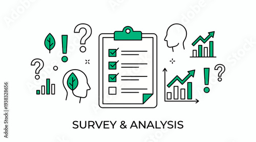 Flat line icon set representing business survey and data analysis with checklist, graphs and human head silhouette, concept for marketing research, customer feedback and strategic planning