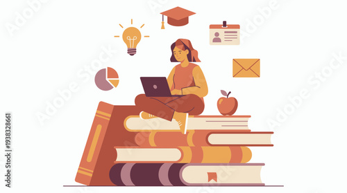 Female student with laptop sitting on stack of books surrounded by education icons, concept for e-learning platform, online course marketing and academic achievement promotion