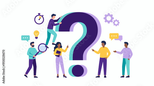 Diverse business people analyzing a giant question mark with magnifying glass, lightbulb and gears, concept for problem solving presentation, strategic planning support and consulting services