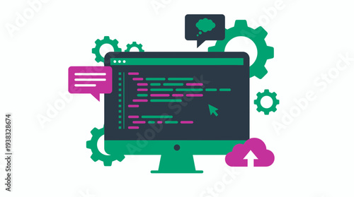 Abstract illustration of a software developer coding on a monitor with gears and speech bubbles, concept for web development project, IT support service and cloud infrastructure solution
