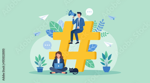 Businessman with megaphone on a large yellow hashtag near businesswoman working on laptop, concept for social media marketing, digital communication and online promotion