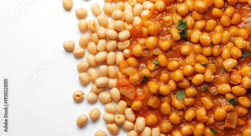 Close up of cooked cannellini beans and haricot stew on white surface