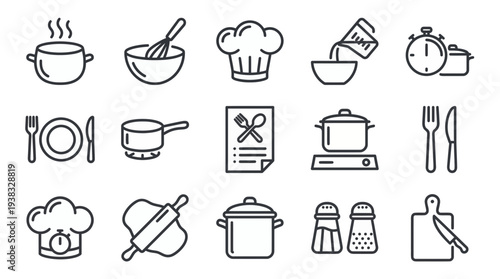 Set of outline cooking and kitchen icons including chef hat, pots and utensils, concept for restaurant menu design, food blog graphics and culinary application interface
