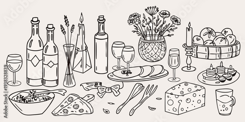 A charming still life featuring wine food and floral arrangements