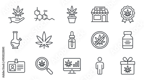 Set of line icons representing cannabis industry elements including molecular structure and dispensary storefront, concept for legal consulting, medical analysis and retail marketing