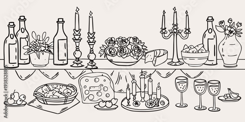 A detailed line drawing of a bountiful still life dinner setting