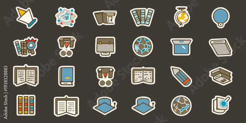 Collection of colorful flat design icons representing education and travel