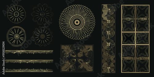 Intricate golden geometric patterns and floral designs on a black background