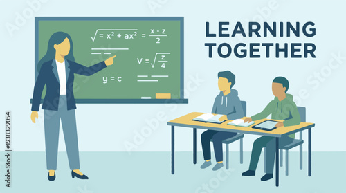 Teacher explaining math equations on blackboard to students in classroom