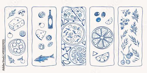 A series of illustrated panels showcase mediterranean food and botanical elements